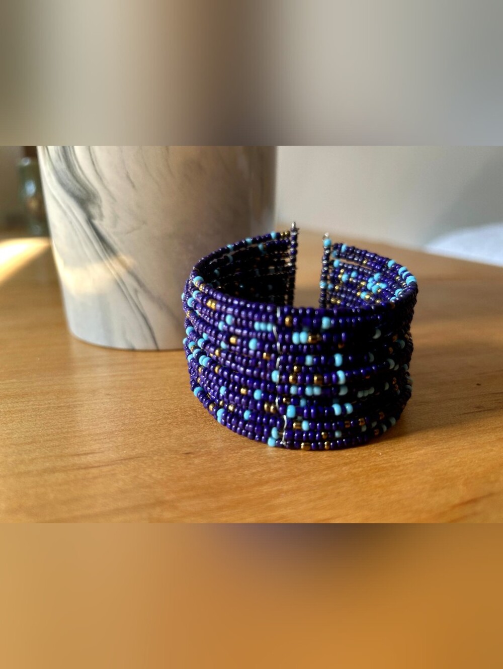 Handmade Beaded Cuff Bracelet in Deep Blue and Turquoise - Picture 2 of 2